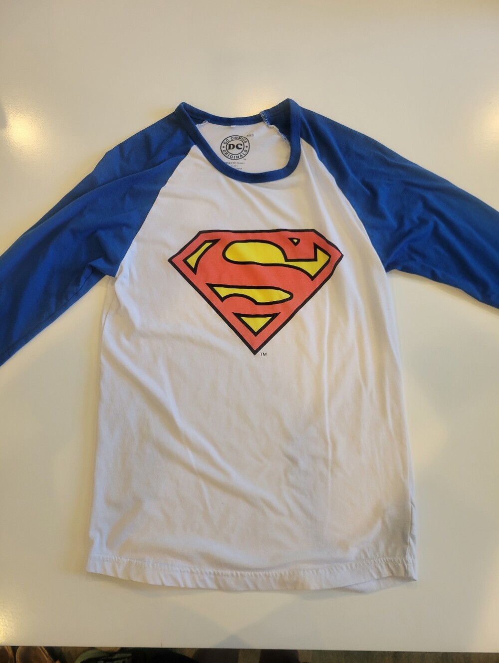 DC Comics Blue and White Superman Raglan 3/4 Sleeve Tee